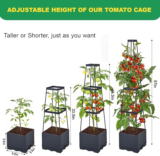 2 Pack Raised Garden Bed, Tomato Cages for Garden, Garden Bed, Tomato Cage, Planter Box with Trellis, 57" Self-Watering Tomato Planter for Climbing Plants Vegetables Flowers Outdoor Indoor