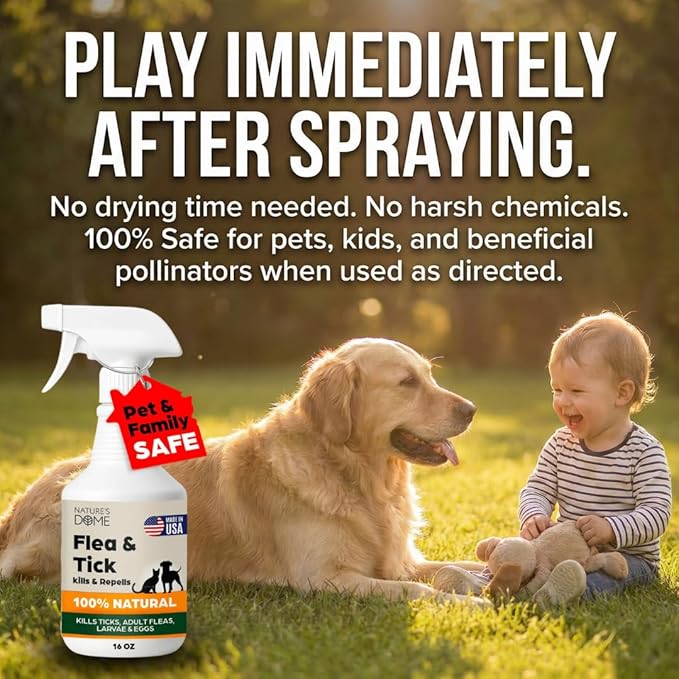 Nature’s Dome Outdoor Flea & Tick Spray – 16 oz – Kills & Repels Fleas, Ticks, Larvae & Eggs – Plant-Based Pest Control – Safe for Pets, Kids & Plants – Ready-to-Use