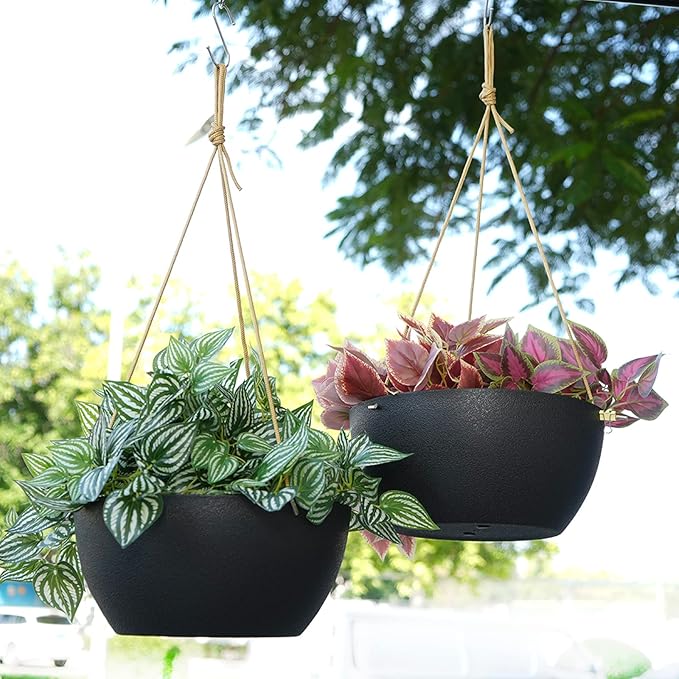 SwinDuck 13 Inch 2 Pack Large Hanging Planters for Indoor Outdoor Plants, Plastic Hanging Basket Pots for House Plants Flowers, Black