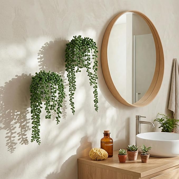 MyGift Artificial Faux String of Pearls Plants in White Ceramic Wall Hanging Planter Pot with Jute Rope, Set of 3