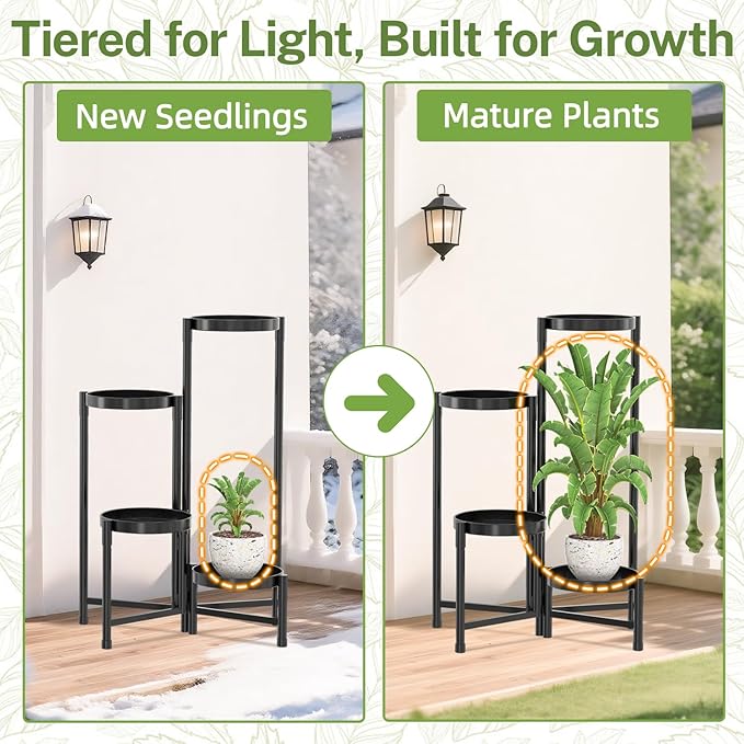 iDavosic.ly Plant Stand Indoor Outdoor, 4 Tier Corner Metal Flower Display Holder Shelf, Folding Tall Orchid Rack for Patio Balcony Porch Garden Living Room House, Black