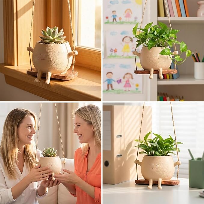 TEARS OF GAIA Hanging Planters for Indoor Plants, Smiley Face Planter Pot Cute Resin Flower Head Planters with Drainage, for Mom, Funny Succulent Plant Lover Gift for Plant Lovers (Big Swing)