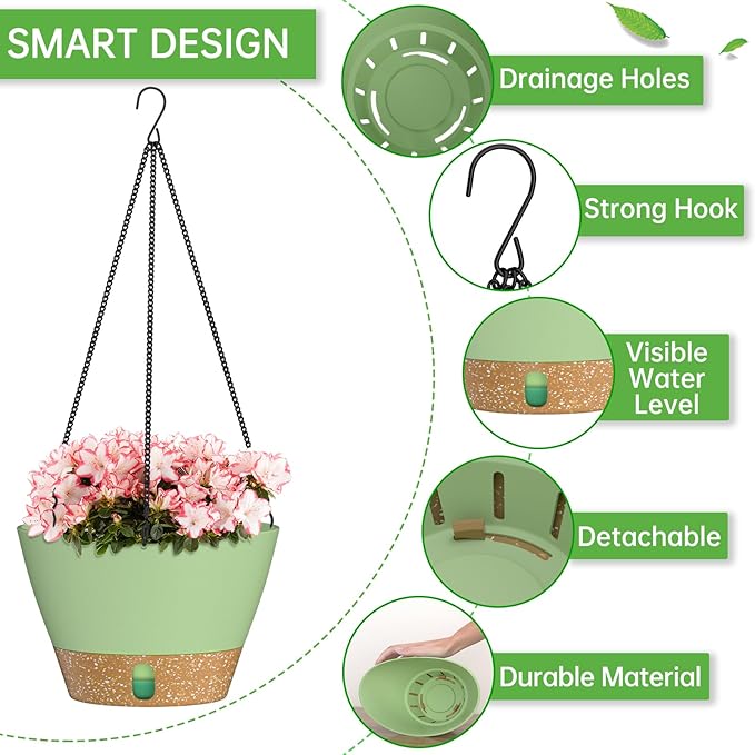 ZMTECH 2 Pack 10 Inch Hanging Planters for Indoor Plants, Modern Hanging Planter with Visible Water Level Window & Removable Tray, Green Plant Hanger Indoor for Home & Patio