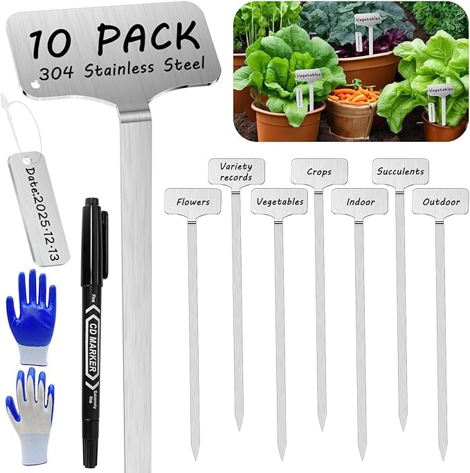 304 Stainless Steel Plant Markers, 10 Waterproof Metal Plant Label Stakes with 10 Tag Buckles & Marker Pen, 12.75" Garden Markers for Outdoor Indoor Plants Identification.