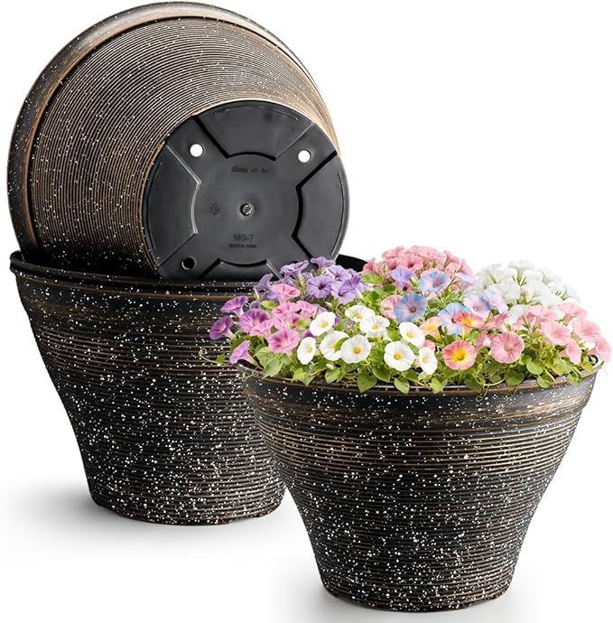 RooTrimmer 17.7 Inch Large Planters for Indoor Outdoor Plants 4 Pack, Plastic Plant Pots with Drainage Holes, Modern Decorative Garden Pots, Plant Container for Planting Ornamental Plants, Black