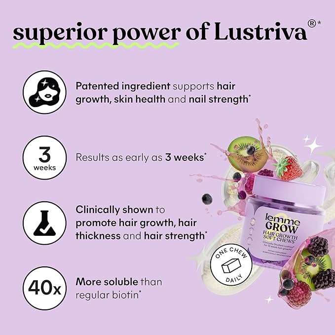 Lemme Grow Hair Growth Booster Soft Chews w/Vitamins for Women and Men with Clinically Studied Lustriva and Biotin, Promotes Thicker, Fuller, Stronger Hair, Mixed Berry, 30 Day Supply