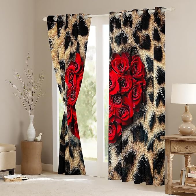 Leopard Print Curtains & Drapes,Southwest African Big Cat Cheetah Skin Window Curtains 2 Panels 52" Wx84 L,Tropical Wildlife Woodland Animals Fur Blackout Curtains,Romantic Red Rose Window Treatments