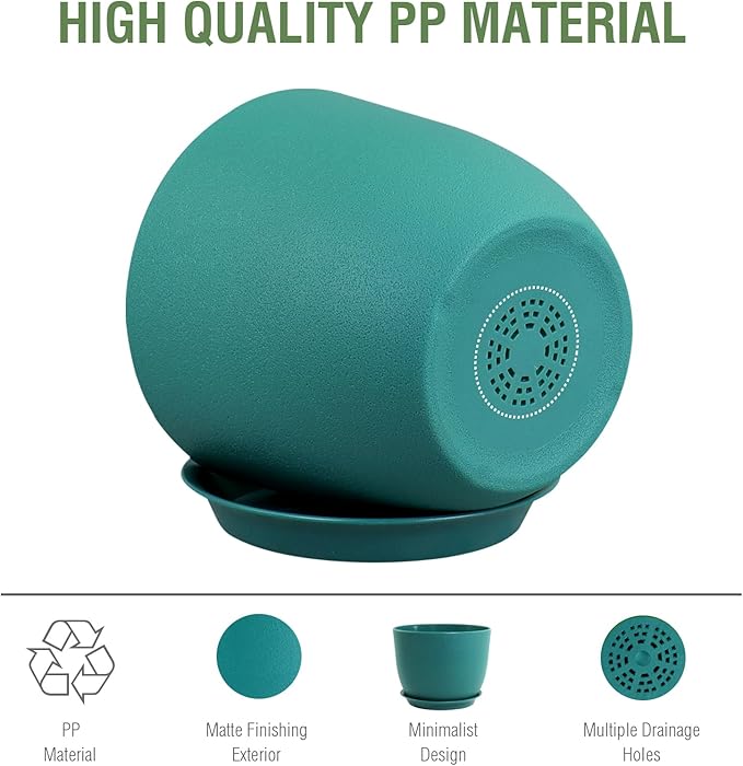 Meowell Plant Pots 12 inch, Plastic Planters with Drainage Holes and Saucers, Large Flower Pots for Indoor Outdoor Plants, Modern Decorative Pots for Garden House Plants, Blue Green