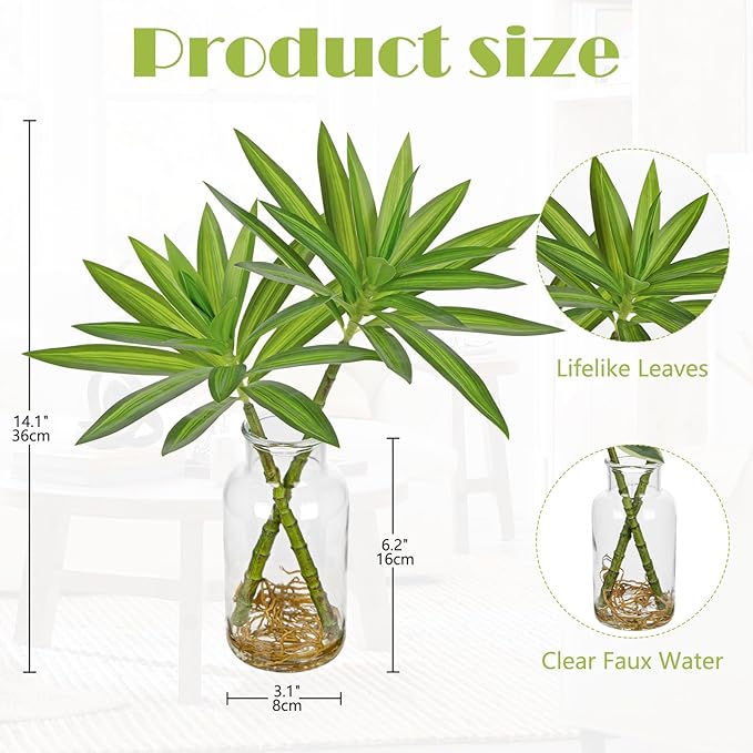 Artificial Plants Stems in Glass Vase with Faux Water,Fake Silk Plant Dracaena Leaves for Centerpiece Table Decorations Farmhouse Wedding Home Greenery Decor (Green)