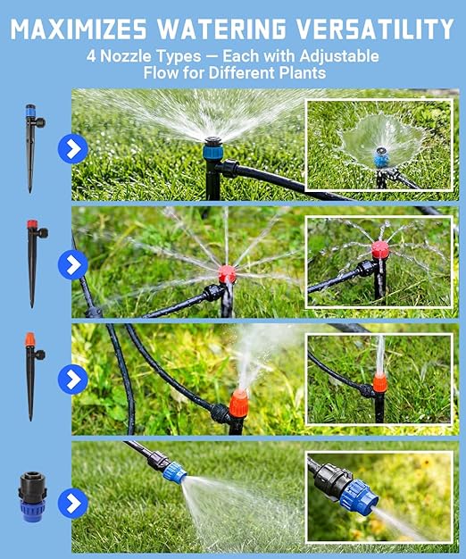 Fast-Lock Drip Irrigation System Kit for Garden Watering with 40 Adjustable Nozzles, Leak-Proof & Easy-Connect Irrigation Kit with 1/2" & 1/4" Tubing, for Greenhouse, Lawn, Indoor Pots (40FT + 197FT)