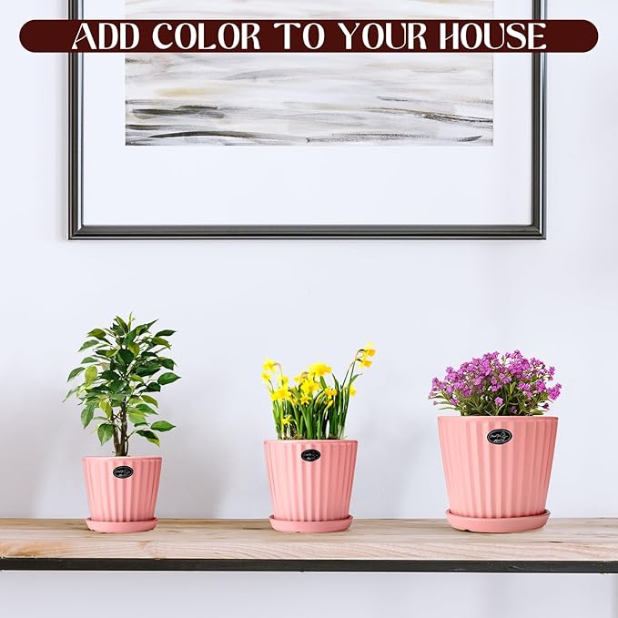 3 Pcs Ceramic Plant Pots 7.3/6/4.7 Inch Ceramic Flower Pot with Drainage Hole and Saucer Decorative Planter Indoor Outdoor for Gardening Home Desktop Office Windowsill Decoration Gift(Pink)