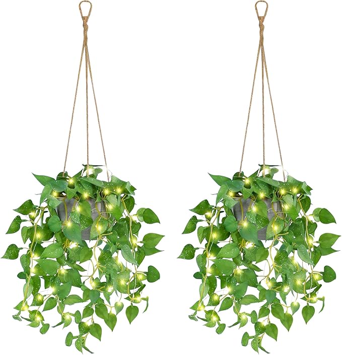 TNNTOPELE 2 Pack Hanging Plant Fake Hanging Plants with LED Lights, Artificial Hanging Plant with Pots, Artificial Plants for Home Decor Wall Indoor Outdoor Office Decor