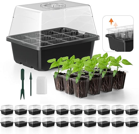 Seed Starter Tray, 20PCS Seed Starter Kit, Seedling Starter Trays with Heightened Lids for Seed Staring, Indoor Gardening Plant Germination Trays (12 Cells per Tray) Black