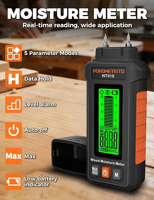 5 in 1 Moisture Meter, POROMETISTO 5 Modes Wood Moisture Meter with Three-Color Backlight, Data Hold & Max Measurement, Ideal for Wood (Oak/Pine/Walnut) and Building Materials