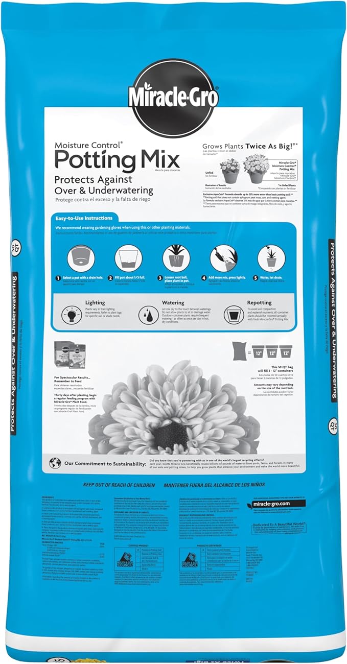 Miracle-Gro Moisture Control Potting Mix - Plant Soil for Container Plants, Protects Against Over- and Under-Watering, 50 qt. (39-Bag Pallet)