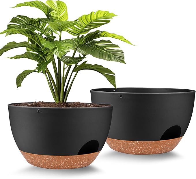 Vanslogreen Plant Pots 12inch Self Watering Pots, Set of 2 Plastic Planters with Drainage Holes and Saucers, Flower Pots for Indoor Outdoor Plants (Black)