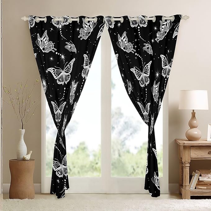 Butterfly Window Treatments 2 Panels 42"Wx63"L,Moth Wild Animal Curtains & Drapes,Butterflies Rustic Animals Blackout Curtains,Glitter Galaxy Starry Sky Window Curtains Black and White Decor