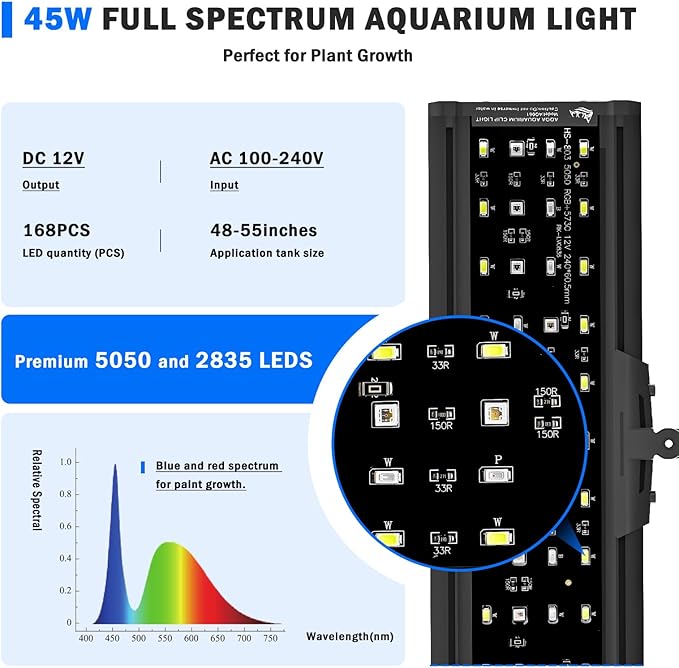 AQQA LED Aquarium Light, 24/7 Mode Clip on Fish Tank Light with Memory Function, DIY Mode Full Spectrum Aquarium Plant Light, Adjustable Timer/Brightness, IP68 Waterproof for 48-55 Inch Fish Tank 45W