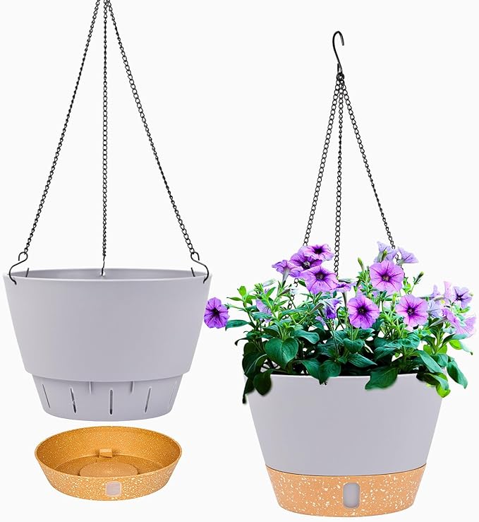 QCQHDU 2 Pack 10 Inch Hanging Planters for Indoor Outdoor Plants, Hanging Baskets Flower Pots with Reservoir Tray & Visible Water-Level