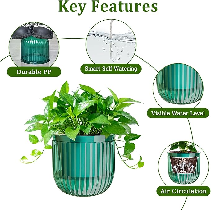 Halatool 2 Pack Hanging Planters Indoor Plant Pots, 6.5" & 8.3" Self Watering Hanging Basket Flower Pot, Translucent Plant Hanger with Drainage Holes for Garden Home Wall Decor (Peacock Green)