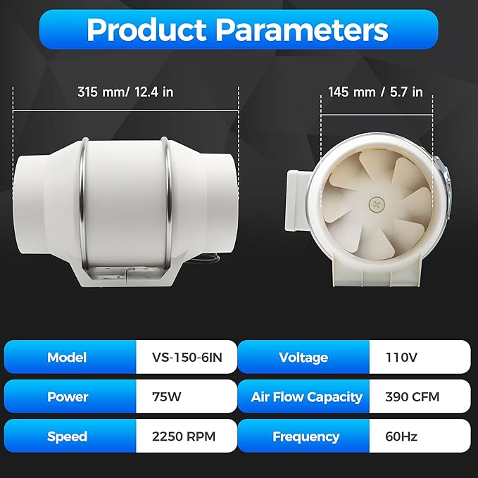 Voltset 6 Inch Duct Fan, Inline Ventilation Exhaust Fan, 390 CFM Duct Intake High Efficiency Air Fan for Vent Bathroom, Kitchen, Grow Tent, Hydroponics, 3D Printer