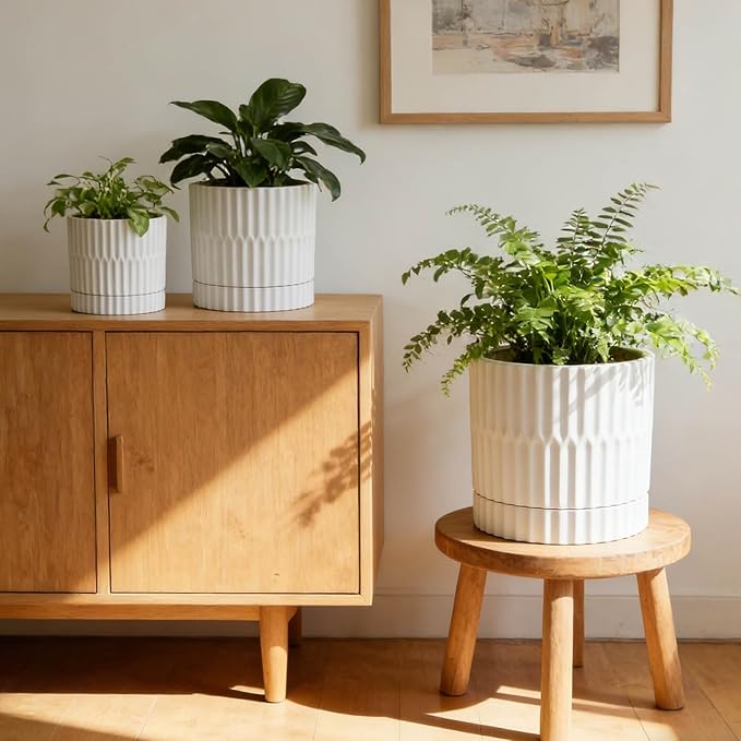HASENSE Ceramic Plant Pots Set of 3, 8/6/4.6 Inch Cylinder Flower Planters with Drainage Saucers, Vertical Ribbed Modern White for Home Office & Outdoor Plants