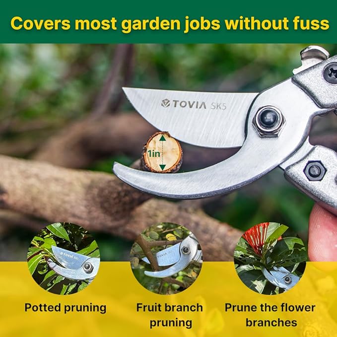 T TOVIA Easy-Cut Bypass Pruning Shears for Gardening– Durable Aluminum hand Pruners with Sharp SK5 Blades, Smart Lock, Ergonomic Grip, Essential Garden Scissors Clippers for 1” Branch Trimming