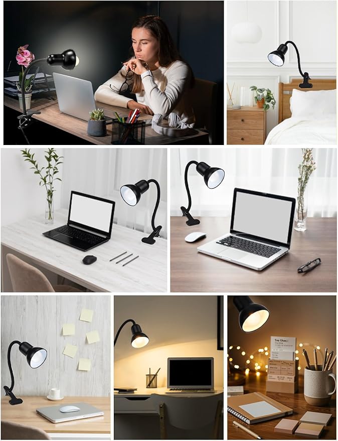 Clip On Gooseneck Lamp - 300W Max, Ceramic Fire-Resistant E26 Socket, Classic Durable Switch, Adjustable Flexible Clamp Light for Desk, Workbench, Bed Headboard, Table, Grow (Standard Clip Desk Light)