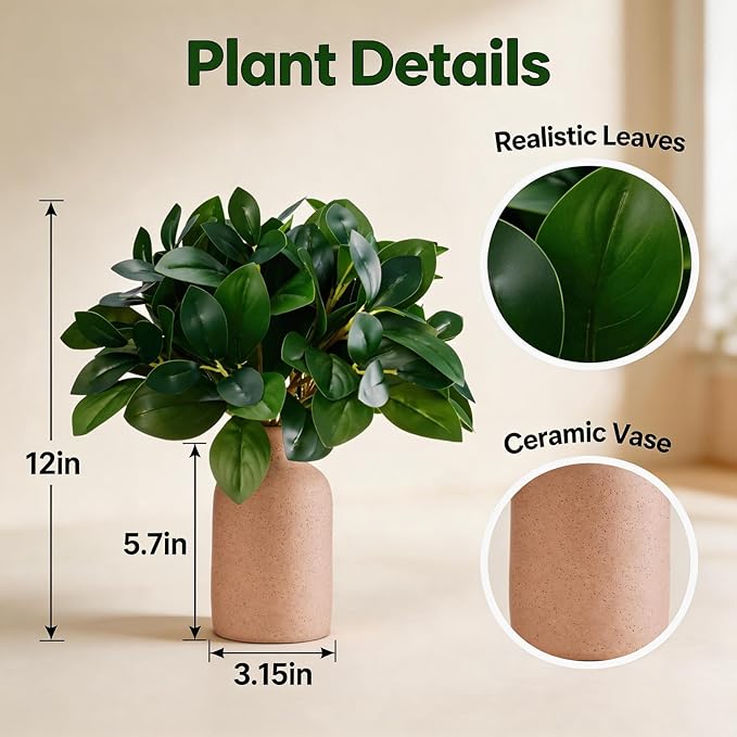 12 Inch Artificial Plant Indoor,Small Fake Plants Eucalyptus Stems With Vase,Faux Greenery In Pot For Farmhouse Home Decor,Bathroom Living Room Kitchen Office Coffee Table Centerpiece (Brown)