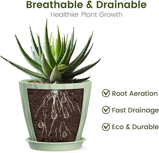 UOUZ 4 Inch Small Pots for Plants, 6 Pack Waffle Texture Small Plant Pots for Succulents, Plastic Planter with Drainage Holes and Saucers for Indoor Outdoor Plants, Flowers, Herbs, Seedlings, Green