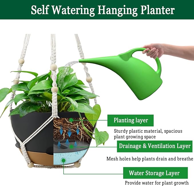 Koalaime Hanging Planter Self Watering 10 Inch, 2 Pack Indoor Outdoor Hanging Baskets, Hanging Flower Pots with Drainage Hole & 2 Kinds of Plant Hangers for Garden Home Decor(Grey)…