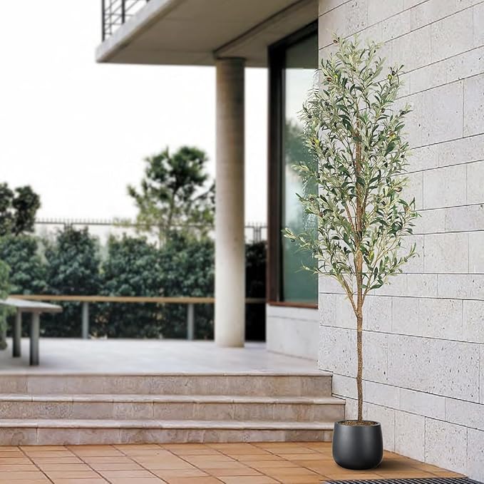 Artificial Fake Olive Tree 7FT Tall 1Pack Faux Silk Olive Tree for Home Living Room Office Decor Faux Artificial Plants Indoor Fake Potted Plants with Fruit & Free Moss