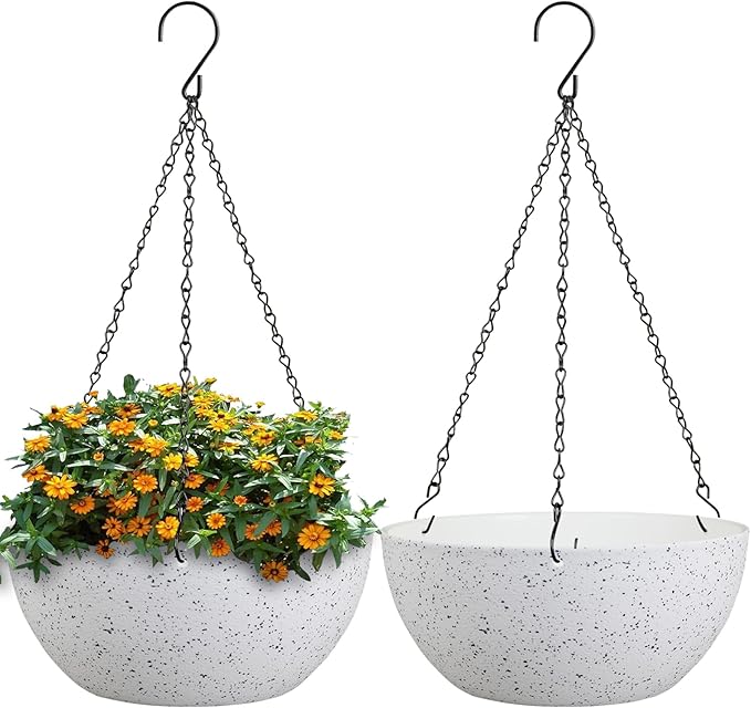 WSMKSZ 10 inch Hanging Planters for Outdoor Indoor Plants with Drainage Holes and Chain, 2 Pack Round Hanging Flower Plant Pots for Garden Home Porch Decor, Speckled White