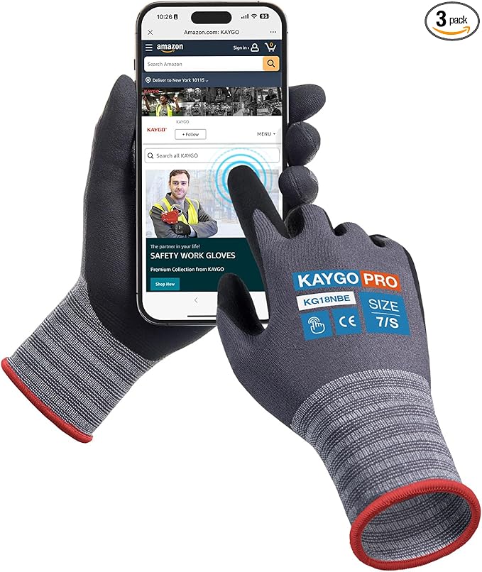 KAYGO Safety Work Gloves MicroFoam Nitrile Coated, 3 Pairs KG18NB,Seamless Knit Nylon Glove with full fingers Touchscreen, Ideal for Automotive,Warehouse,Construction (Small,Gray)