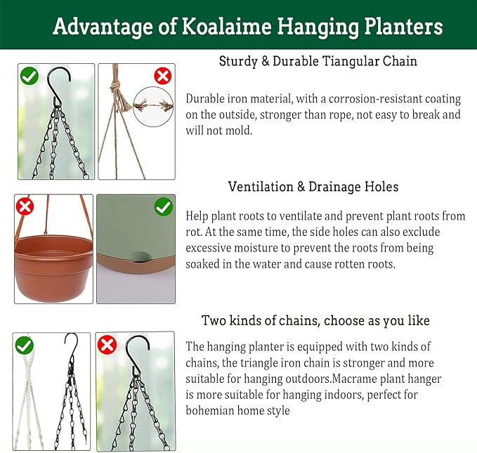 Koalaime Hanging Planter Self Watering 10 Inch, 2 Pack Indoor Outdoor Hanging Baskets, Hanging Flower Pots with Drainage Hole & 2 Kinds of Plant Hangers for Garden Home Decor(Grey)…