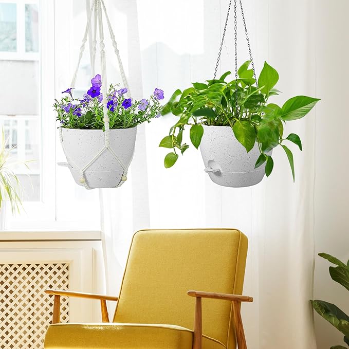 Meowell 10 inch Self Watering Hanging Planters, 2 Pack Hanging Baskets for Indoor Outdoor Plants, Hanging Flower Pots with Drainage Holes and 2 Kinds of Plant Hangers for Garden Decor, Speckled White