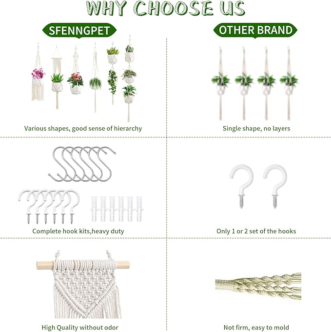 SFENNGPET Macrame Plant Hangers, 6Pack Hanging Planters for Indoor Plants w/ 6 Set Hangers Kit Handmade Macromay Plant Hangers Indoor Flower Pots Holder Stand for Boho Home Décor (POTS NOT Included)