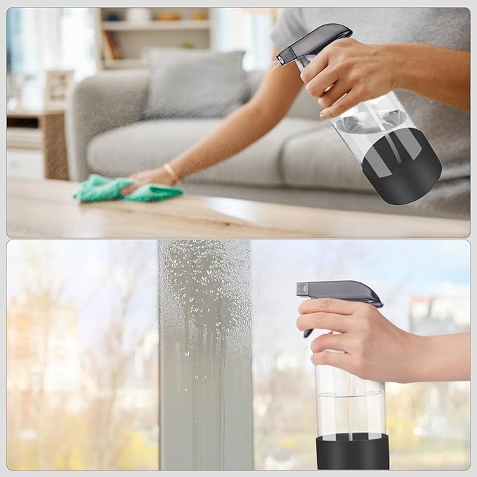 Worldgsb 2 Pack Glass Spray Bottles with Silicone Sleeve, 16 oz Empty Refillable Containers with Adjustable Spray Nozzles, Spray Bottles for Hair, Cleaning Solutions and Plants Black