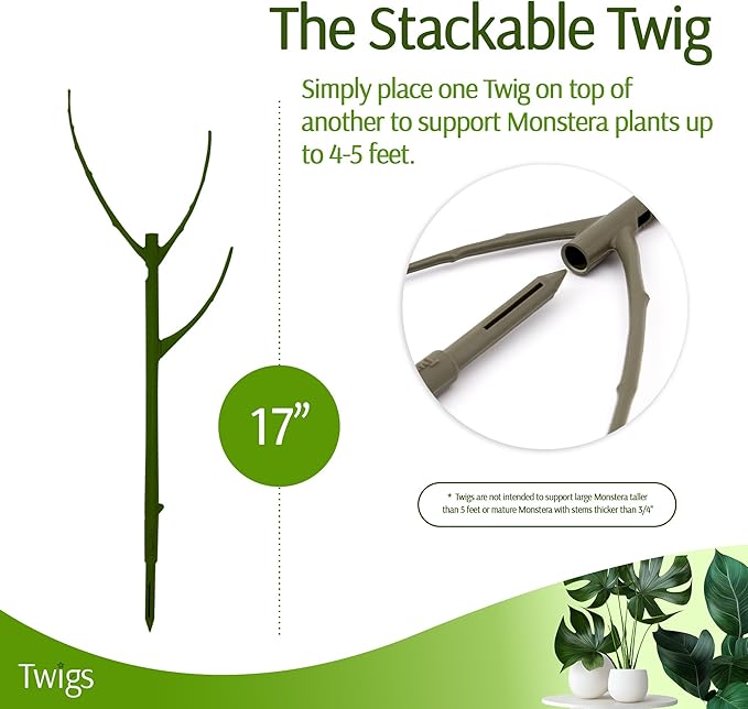 Twigs GA - Stackable Monstera Plant Support Stakes, Climbing Support for Indoor & Outdoor Use, Plant Accessories, Aesthetic Alternative to Moss Poles & Trellises – Monstera Green, 5 Pack, 17" L