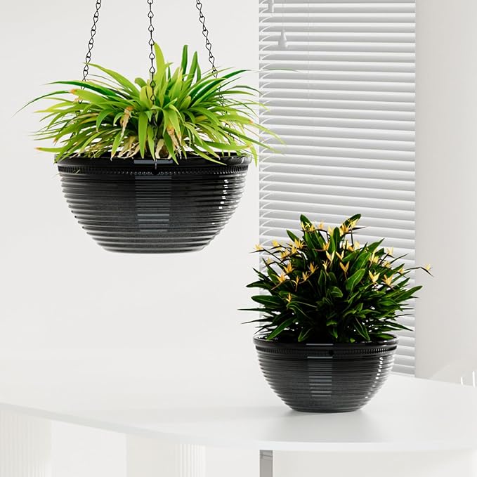 Vanslogreen 2 Pack Hanging Planters for Indoor Outdoor Plants, 10 Inch Hanging Planter with Drainage Hole & Plug Glazed Hanging Baskets Flower Pots for Garden Home (Black)