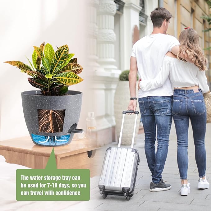 UOUZ Large Self Watering Pots, 12/10/9 Plastic Planters with High Drainage Holes and Deep Reservoir for Indoor Outdoor Garden Plants and Flowers, Grey Speckles