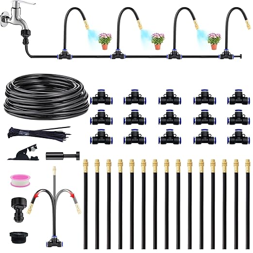 360°Bendable Automatic Irrigation System, 50Ft Adjustable Garden Watering Misting System for Outdoor Cooling System, Trampoline, Greenhouse, Lawn, Plant, Water Mister Nozzles Thread Sprayer 0.043"