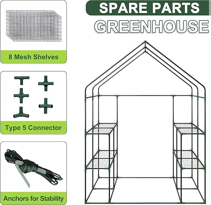 2 Tiers 8 Shelves Walk-in Green House, Portable Greenhouse w/Durable PE Cover, Roll Up Zipper Door, Steel Frame Greenhouse w/ Ground Pegs, Ropes for Garden, Patio, Backyard