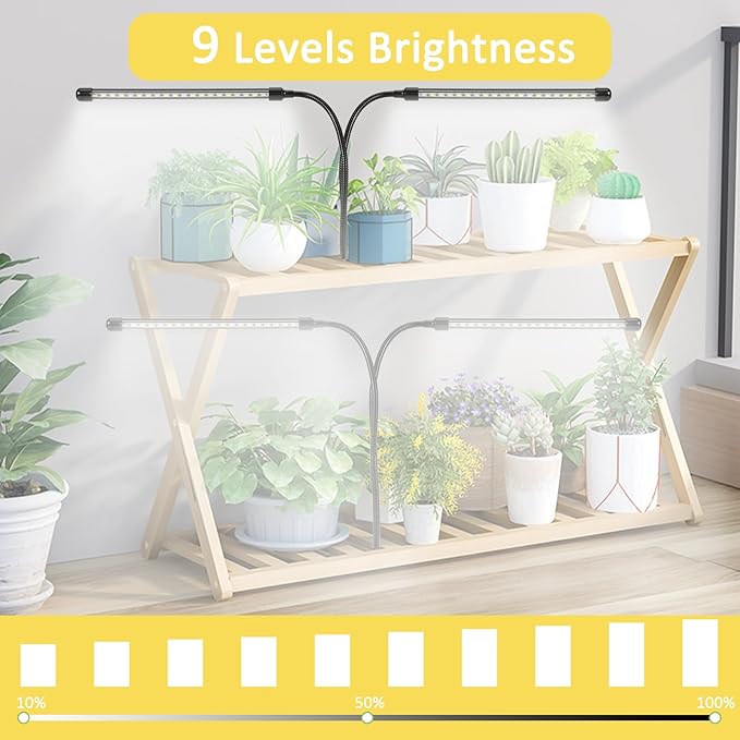 2 Head Grow Lights for Indoor Plants, 6000K Full Spectrum Grow Light for Flowers, Fruits, Vegetables, Auto On Off Timing, 9 Dimming, 360 Degree Adjustable Plant Lights, 1 Pack