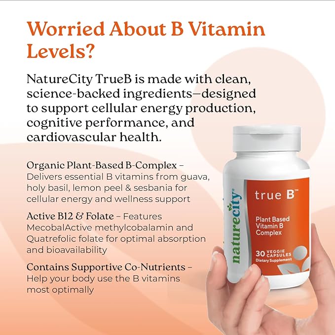 NatureCity True-B Plant-Based Super B Vitamin Complex Supplement |Made from Certified Organic Whole Food Plant Sources with Active Folate and Vitamin B12 - (30 Veggie Capsules)