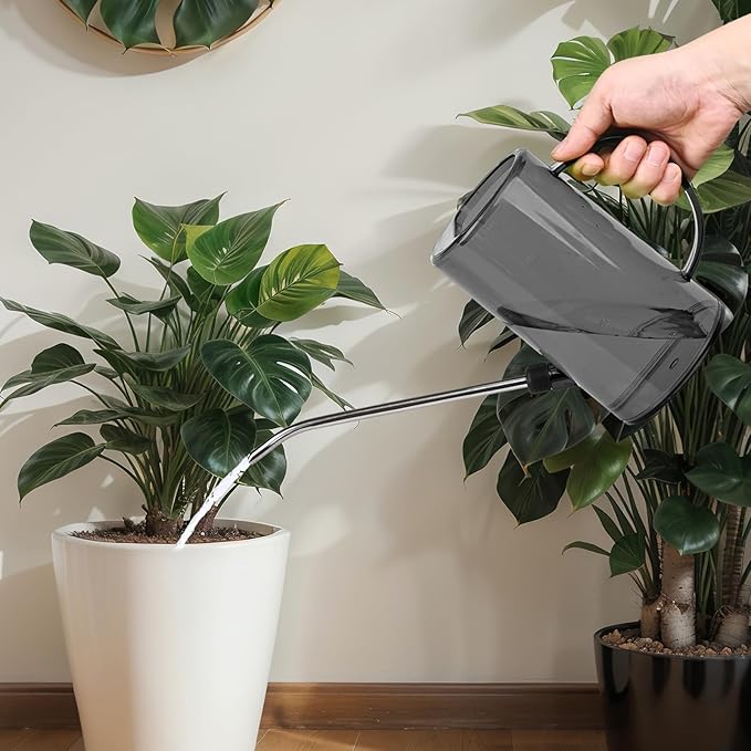 Small Plastic Watering Can - for Home Garden - with Long Spout - 1/4 Gallon - 34 Oz - Grey