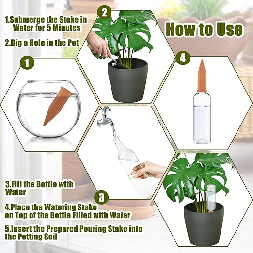 8 Pcs Plant Watering Devices Terracotta Self Watering Plant Spikes and Plastic Bottles, Automatic Terra Cotta Watering Spikes Plant Waterer Slow Release Planter for Indoor Outdoor Home Vacation