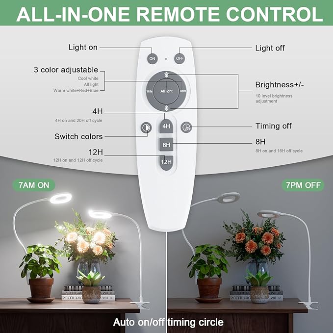 Full Spectrum Grow Lights for Indoor Plants, Clip-on LED Plant Lights for Indoor Growing with Auto On/Off Timing 4/8/12 Hrs, 10 Dimmable Levels, 3 Spectrum Modes & Adjustable Gooseneck, Remote Control