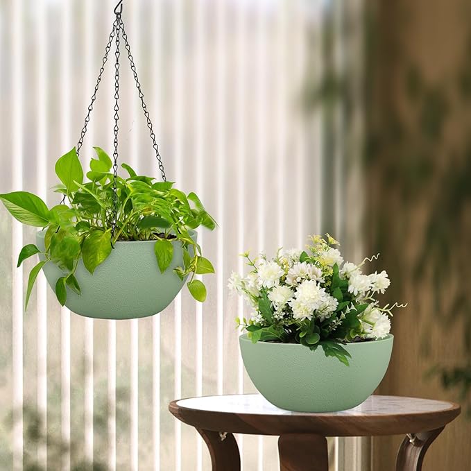 Meowell 10 inch Hanging Planters Plant Pots for Indoor Outdoor Plants, 2 Pack Hanging Flower Pots with Drainage Holes and Chain for Garden Porch, Plastic Hanging Baskets for House Plants, Green