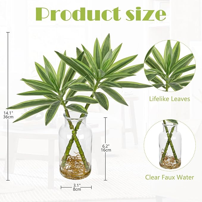 Artificial Plants Stems in Glass Vase with Faux Water,Fake Silk Plant Dracaena Leaves for Centerpiece Table Decorations Farmhouse Wedding Home Greenery Decor (Green and Yellow)